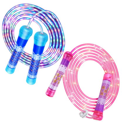LED Jump Rope glowing at night – blue and pink fiber optic skipping ropes for kids and adults