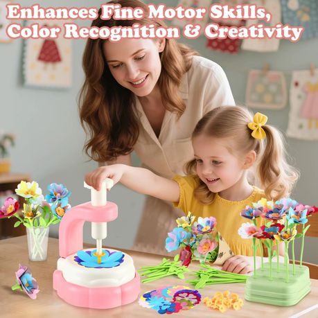 Press and pop flower crafting pieces with petals, stems, and vase