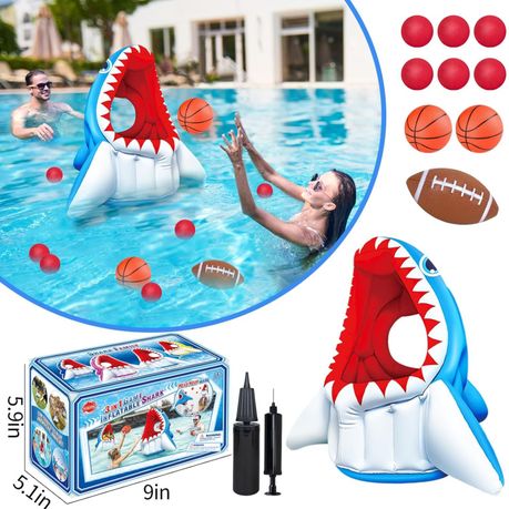 Kids playing with inflatable shark toss game in swimming pool