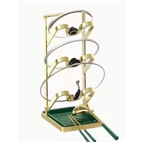 Kitchen storage rack holding pot lids and cooking utensils