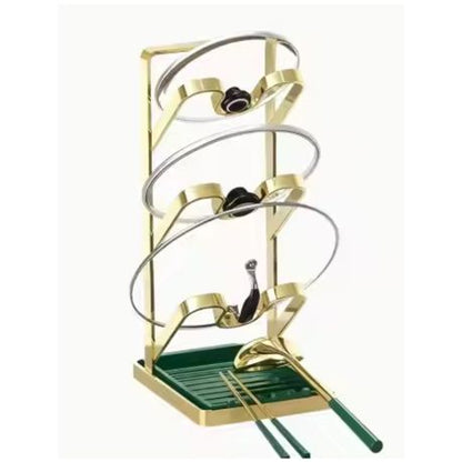 Kitchen storage rack holding pot lids and cooking utensils