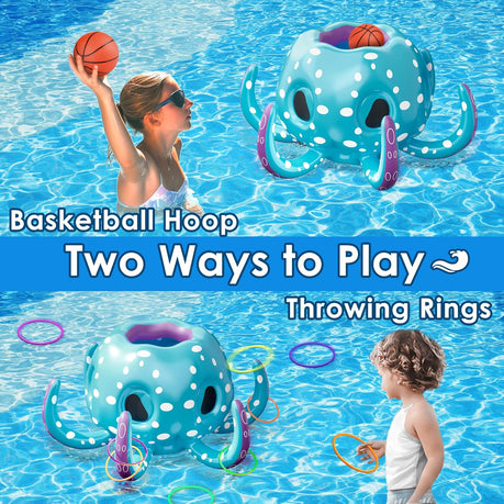 Kids playing with octopus inflatable basketball hoop in swimming pool