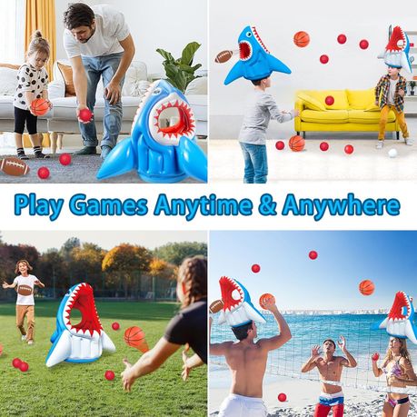 Inflatable shark with basketball hoops and toss rings