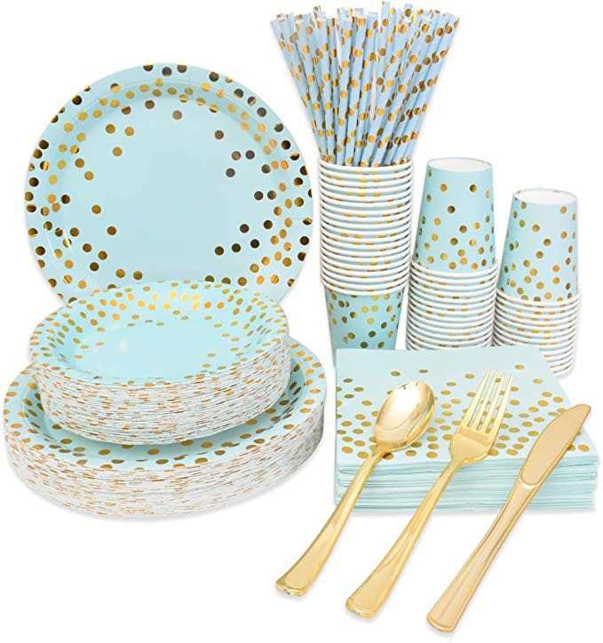 Blue and Gold Paper Plates Dinnerware Set – Full 200 Piece Package