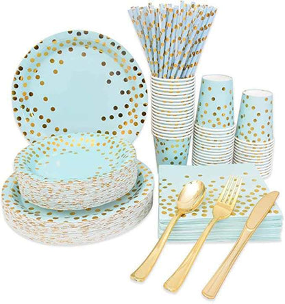 Blue and Gold Paper Plates Dinnerware Set – Full 200 Piece Package