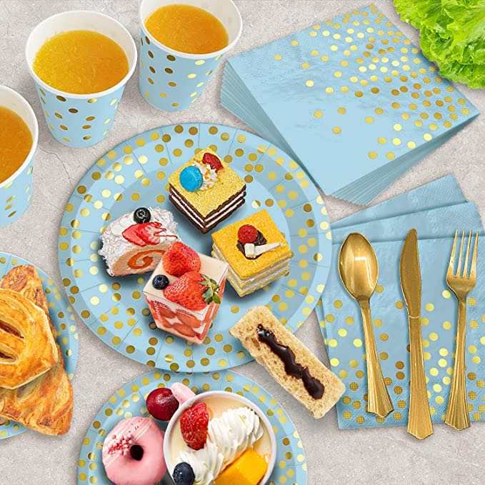 Disposable Blue and Gold Party Plates and Cups for 25 Guests